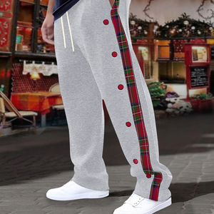 New Fashion Comfortable Vintage Side Button Striped Patchwork Pants <b>Mens</b> Trendy Drawstring Loose Straight Trousers <b>Men</b> Pants - Product Image 5