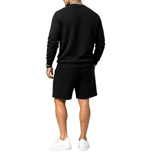 Men's Black Checkered <b>Sweater</b> <b>Set</b> Long Sleeve Top Drawstring <b>Shorts</b> Casual Summer Knitted Sportswear Outfit - Product Image 3