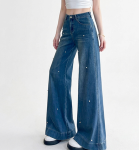 Pantalon en jean taille haute à jambe large, bleu délavé moyen, coupe ample, longueur intégrale, en coton, style décontracté, fermeture boutonnée, décoration à rivets - Product Image 1