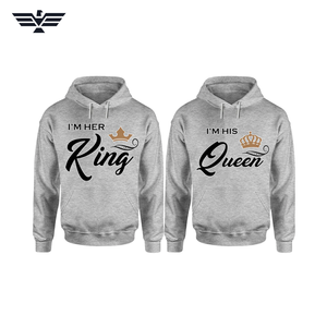 Sudaderas de Pareja con Estampado de Letras, Unisex, Gris, Felpa, con Bolsillo, 330g, Otoño, Modelo I'm Her King I'm His Queen - Product Image 1