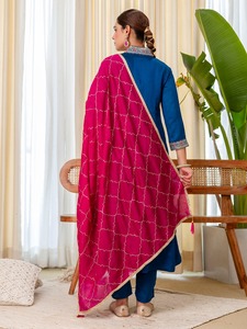 Blue Silk Blend Salwar Kameez with Pink Dupatta Embroidered Traditional Indian Wear for Women <b>Ankle</b>-Length Regular Fit Anarkali - Product Image 4