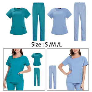 Women's Fashion Medical Scrubs Set Asymmetric Neck Contrast Piping <b>Top</b> Elastic Pants Nurse Uniform Hospital Wholesale OEM - Product Image 3