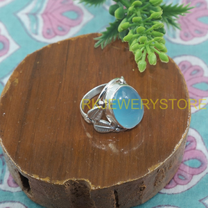 Anillo de Plata de Ley 925 con Calcedonia Azul Natural, Diseño de Hoja Hecho a Mano, Anillo Ovalado con Cabujón de Piedra Preciosa, Joyería Boho, Regalo - Product Image 3