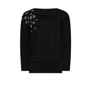 T-shirts pour femmes en spandex noir de luxe de haute qualité avec détails œillets, coupe ample, séchage rapide, 100 % polyester brodé, forte demande - Product Image 6