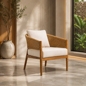 Hospitality Teak Lounge Chair Handwoven <b>Rattan</b> Backrest Cushioned Seating for Hotel Resort Villa Contract Furniture Manufacturer - Product Image 1