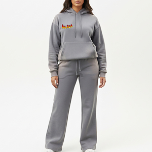 Custom Made <b>Women's</b> 100% Cotton Embroidered Fleece <b>Tracksuit</b> Wholesale Solid <b>Grey</b> Baggy Oversized Drop Shoulder Winter Lace - Product Image 1