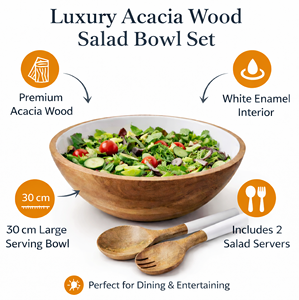 Juego de Ensaladera de Madera de Acacia de Lujo Premium de 30 cm con Revestimiento de Esmalte Blanco, Duradero, Libre de BPA, Ligero, con Servidores de Ensalada - Product Image 3