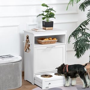 Mobiletto Bianco per Alimenti per Animali Domestici con Ciotole Rialzate e Contenitore per Acqua - Elegante Arredo Soggiorno - Product Image 1