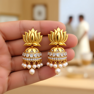18K Gold Plated Lotus German <b>Silver</b> <b>Drop</b> <b>Earrings</b> with Pearl and Zircon - Product Image 2
