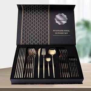 Ensemble de couverts durables et éco-responsables en acier inoxydable, fourchette, cuillère, couteau, vaisselle de cuisine haut de gamme, couverts élégants avec manche en bois pour la maison - Product Image 1