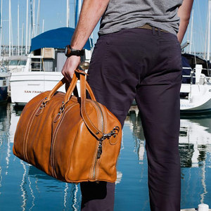 Genuine <b>Leather</b> Duffle <b>Bag</b> Men Solid Color Zipper Closure Casual Travel <b>Bag</b> 30-40L Capacity <b>Soft</b> Handle Adjustable Strap - Product Image 5