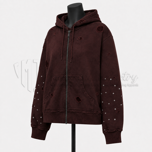 Sudadera con capucha y cremallera personalizada al por mayor con pedrería desgastada, estilo vintage, fabricante y proveedor OEM ODM - Product Image 3