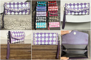 Cartera de Cuero Genuino Estilo Occidental para Mujer, Hecha a Mano, con Diseño a Cuadros Morado y Blanco, Larga, con Correa Desmontable para la Muñeca - Product Image 3