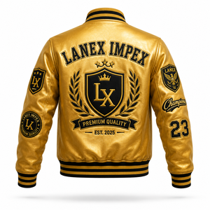 Custom Gold Varsity Letterman Jacket Men PU Leather Baseball College Jacket Embroidered Chenille Patch Bomber Jacket OEM Service - Product Image 3
