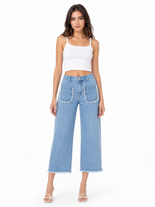 Jean en denim bleu clair pour femme, coupe palazzo décontractée, taille haute, longueur cheville, avec détails décoratifs - Product Image 2
