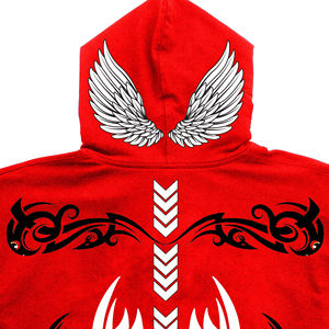 Sudadera con capucha roja para hombre con estampado gráfico personalizado de alas, estilo streetwear oversize; Sudadera con capucha personalizada para hombre con estampado de ancla y bolsillo canguro con tachuelas. - Product Image 5