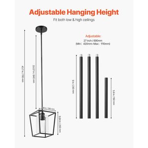 Lampadario a sospensione stile rustico a 1 luce, con gabbia in ferro nero e paralume in vetro trasparente, altezza regolabile - Product Image 3