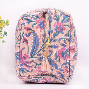 Unisex Hand Block Floral Print Eco-friendly Cotton <b>Cosmetic</b> <b>Bag</b> Small Bohemian Style Pouch <b>Travel</b> Packaging Zipper Closure Large - Product Image 4