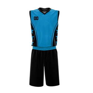 Ensemble de maillots de basket personnalisés bleu et noir, col en V, sans manches, respirant, coupe athlétique, unisexe, adulte, toutes saisons, impression sublimée - Product Image 1