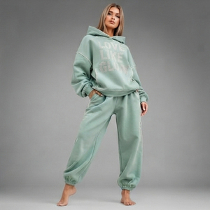 Oversized Fleece Tracksuit Women's Rhinestone Print <b>Hoodie</b> French Terry Jogger Two Piece Set Ladies Raw Seam Hooded Sweat Suit - Product Image 4