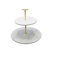 Support à gâteau en marbre à deux niveaux avec poignée en métal doré, forme ronde, pour présentation sur table, décoratif