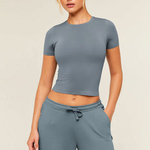 Fitness Clothing Yoga Crop <b>Top</b> T-Shirt High Stretchable <b>Sweat</b> Wicking Solid Color Women's Wear Workout T-Shirt For Sale - Product Image 1