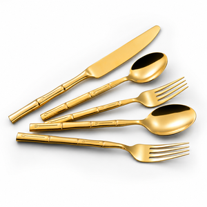 Juego de Cubiertos de Lujo en Oro, Acero Inoxidable con Mango de Bambú, Cuchara, Tenedor, Cuchillo, Vajilla para Hotel, Boda, Restaurante - Product Image 1