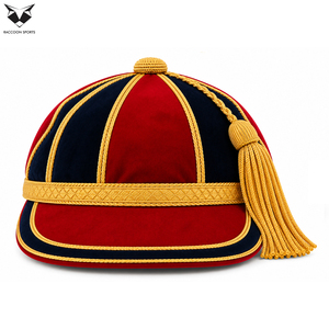 Casquette d'honneur en velours rayé rouge marine avec passepoil tressé doré et pompon, casquette classique pour équipes scolaires, sportives, cérémonies et récompenses, casquette personnalisable avec logo - Product Image 3
