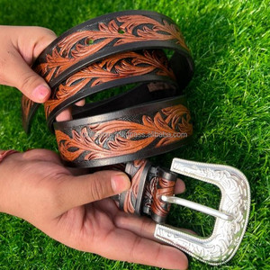 El más nuevo cuero genuino occidental cuero mecanizado a mano y cinturones florales pintados a mano Real hecho a mano cuero mecanizado cinturones Unisex - Product Image 4