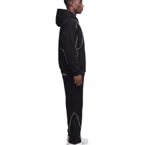 Ensemble sweat à capuche et pantalon large imprimé noir mi-lourd 2 pièces pour homme avec passepoil personnalisé 100 % coton – OEM - Product Image 4