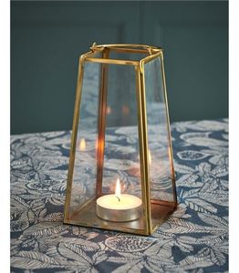Geometric <b>Brass</b> Candle <b>Lantern</b> With Glass Panels Heat Resistant Home Decoration - Product Image 1