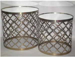 Handcrafted <b>Round</b> Metal Nesting <b>Side</b> <b>Tables</b> with Geometric Openwork Design <b>Gold</b> Finish Modern Living Room Home Furniture Decor - Product Image 6