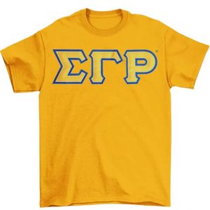 T-shirt brodé avec applique Sigma Gamma Rho, lettres grecques personnalisées, tee-shirt de sororité à manches courtes, col rond, doré - Product Image 1