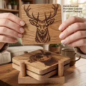 Hand-Burned Wooden Reindeer Coaster <b>Set</b> <b>Square</b> Rustic Design Handmade Mats & Pads 10cm Diameter Beads Art - Product Image 2