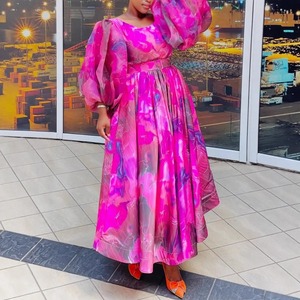 Elegant Plus Size Women's Casual <b>Maxi</b> <b>Dresses</b> Floral Print <b>Chiffon</b> Puff Sleeve V-neck Ankle Length Natural Waist Front Loose Fit - Product Image 4