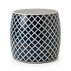 Table d'appoint industrielle en os incrusté, couleur personnalisée, motif géométrique en treillis, tabouret tambour fait main pour entrée et chambre à coucher - Vente en gros - Product Image 1