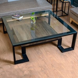 Juego de Mesa de Centro Moderna con Tapa de Vidrio y Hierro, Hecha a Mano, Ecológica, Modular, para Sala de Estar u Oficina, Diseño Contemporáneo - Product Image 2