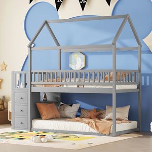 Letto a Castello Grigio TWIN/TWIN con Mensole e Cassetti per Bambini - Product Image 3