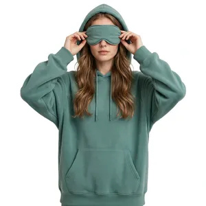 Sage Green Women's Oversized <b>Sleep</b> <b>Mask</b> Hoodie Soft Touch Fleece Pullover Drawstring Hood Front Pocket Casual Streetwear Apparel - Product Image 1