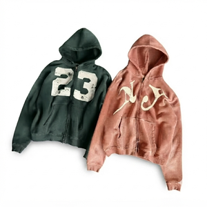 Vintage Heavyweight Full <b>Zip</b> Fleece Hoodie Regular Fit Streetwear Men Women Acid Wash Custom Casual Y2K Retro Eco-Friendly - Product Image 1