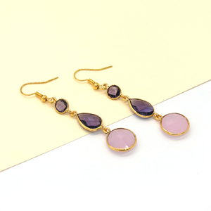 Boucles d'oreilles pendantes en améthyste violette et calcédoine rose |   Bijoux faits à la main de style bohème pour mariage, plaqués or 18 carats en laiton - Product Image 4