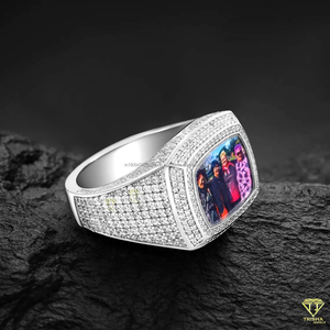 Personalized Picture <b>Frame</b> Ring With Moissanite Diamond Iced Out Cushion Shape Custom <b>Photo</b> Statement Jewelry For Men - Product Image 3