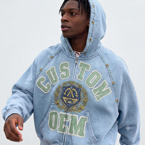 Custom Vintage Acid Wash Full <b>Zip</b> Hoodie Oversized Rhinestone Embroidered Varsity Applique Cotton Fleece Streetwear - Product Image 4