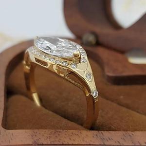 Marquise Cut Diamond Halo Engagement <b>Ring</b> in Solid Yellow Gold Vintage Inspired Bridal <b>Ring</b> Pave Diamond Statement <b>Fine</b> <b>Ring</b> - Product Image 3
