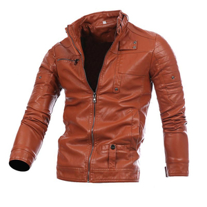 Chaqueta de Motocicleta para Hombre, con Cuello Alto, Resistente al Viento, Tallas S-3XL, Chaqueta de Cuero de Color Sólido con Cierre y Múltiples Bolsillos - Product Image 1