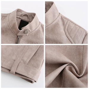 Women's Beige PU Leather Moto <b>Jacket</b> Full Sleeve Stand Collar Zipper Closure Belted Design Autumn Style - Product Image 6