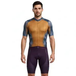 Ensemble de maillot de cyclisme jaune et bleu pour homme, short violet, respirant, manches courtes, tenue de vélo de route - Product Image 1