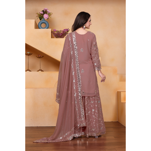 Faux georgette <b>top</b> with micro cotton inner sequence embroidery front back both side work paired with palazzo and dupatta - Product Image 3