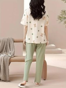 <b>Summer</b> Cotton Printed Pajama Set Round Neck Half Sleeve Top & <b>Pyjama</b> Pants Breathable Nightwear - Product Image 3
