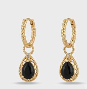 Pendientes de Aro Finos en Tono Dorado con Baño de Rodio, con Colgante de Lágrima Negra, Diseño Abierto, Joyería de Boda para Mujer - Product Image 1
